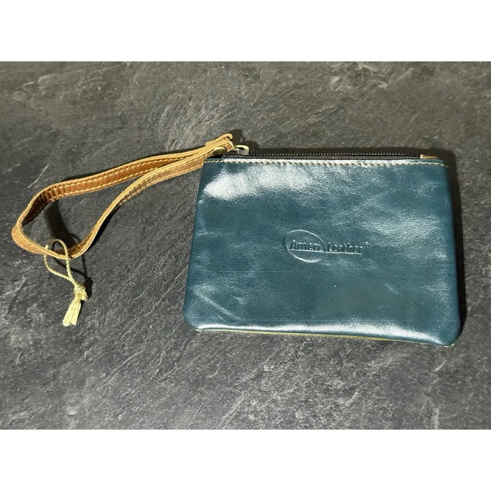 Ameri Leather Wristlet Teal Green Zip Closure Coin Purse Pouch Travel Wallet 6x4